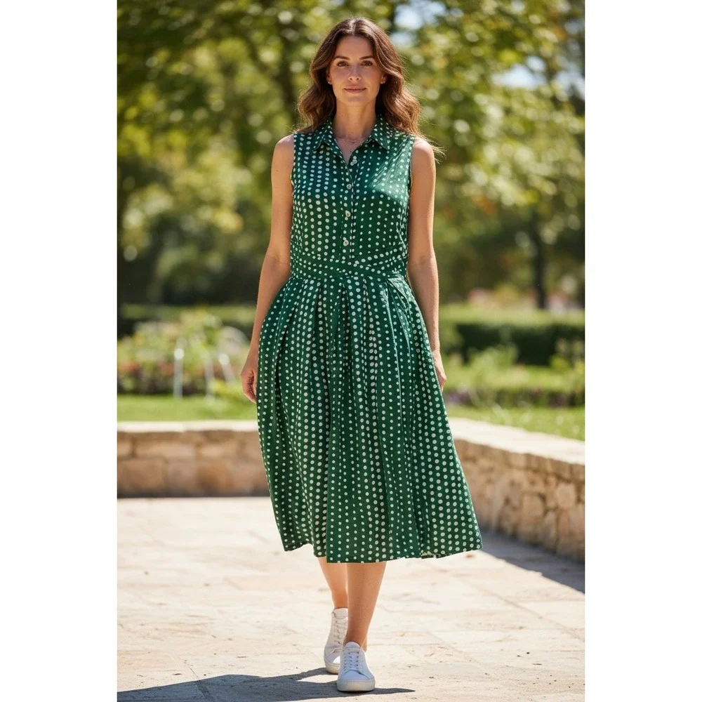 NWT 11 1 Tylho‎ Polka Dot Green Sleeveless Shirt Dress Midi Fit Flare Size Small